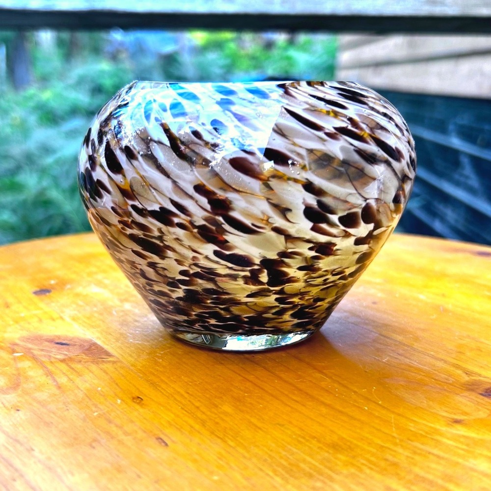 Vintage Tortoiseshell Art Glass Vase Brown Amber Gold Fleck Squat Bowl Decor MCM